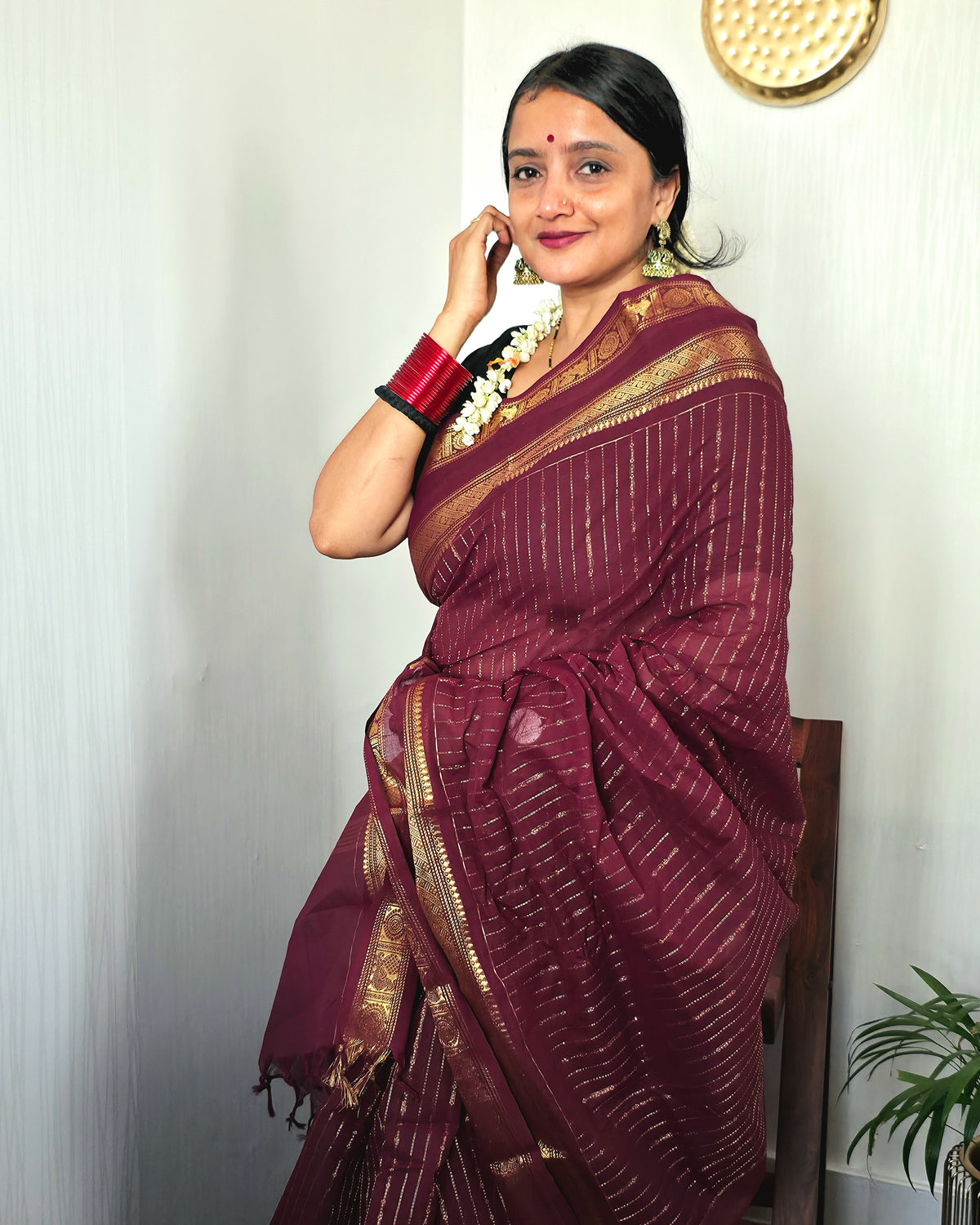AMBA - Maroon Vaira Oosi 120-Count Pure Handloom Kanchi Cotton Saree | ATIROOP