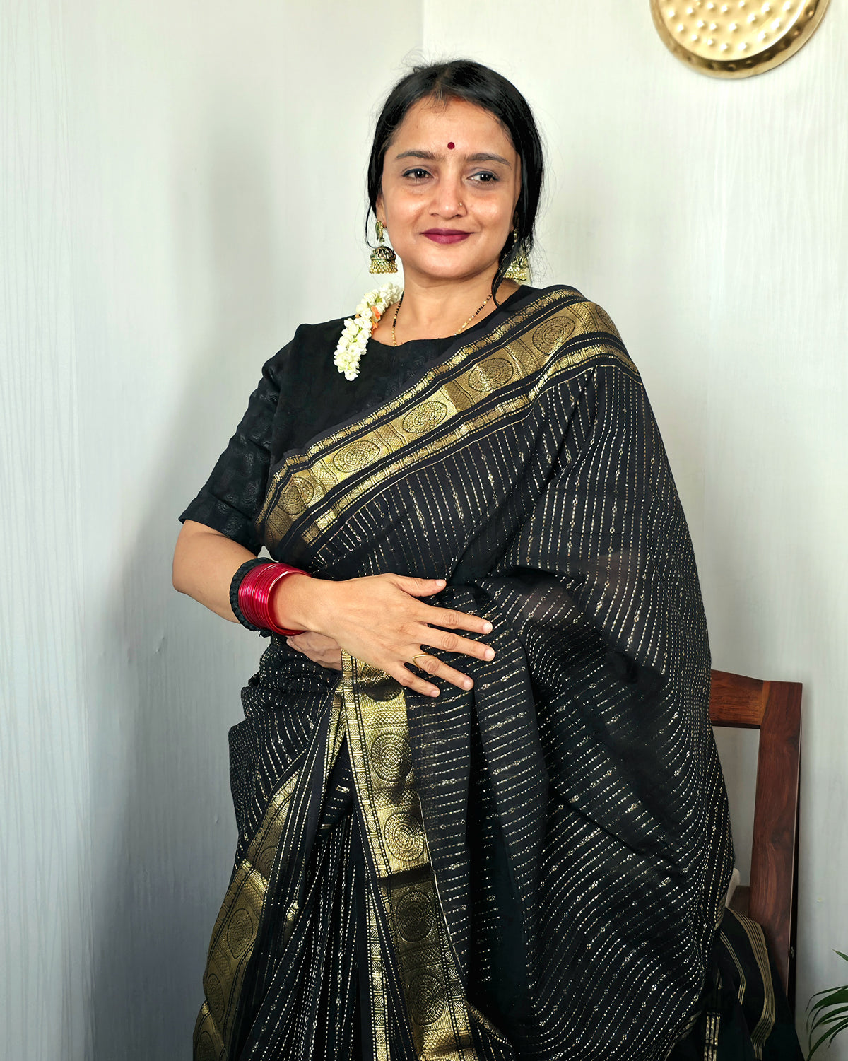 APSARA - Black Vaira Oosi 120-Count Pure Handloom Kanchi Cotton Saree with Chakra Border | ATIROOP