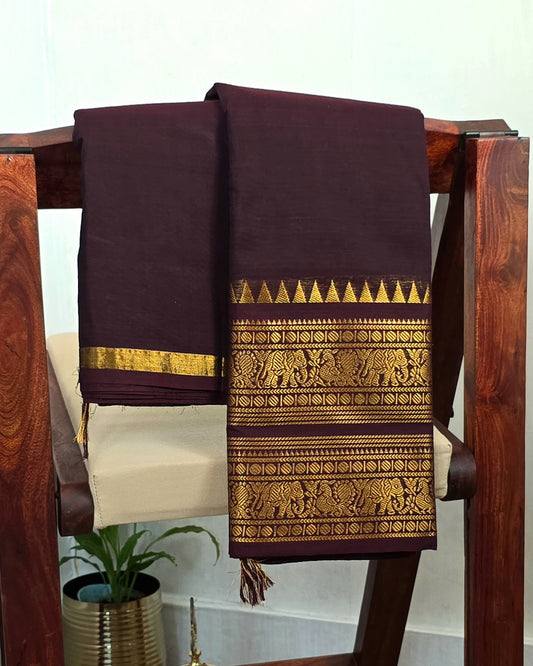 NITYA - Coffee Brown Single-Side Grand Border 100-Count Pure Handloom Kanchi Cotton Saree | ATIROOP