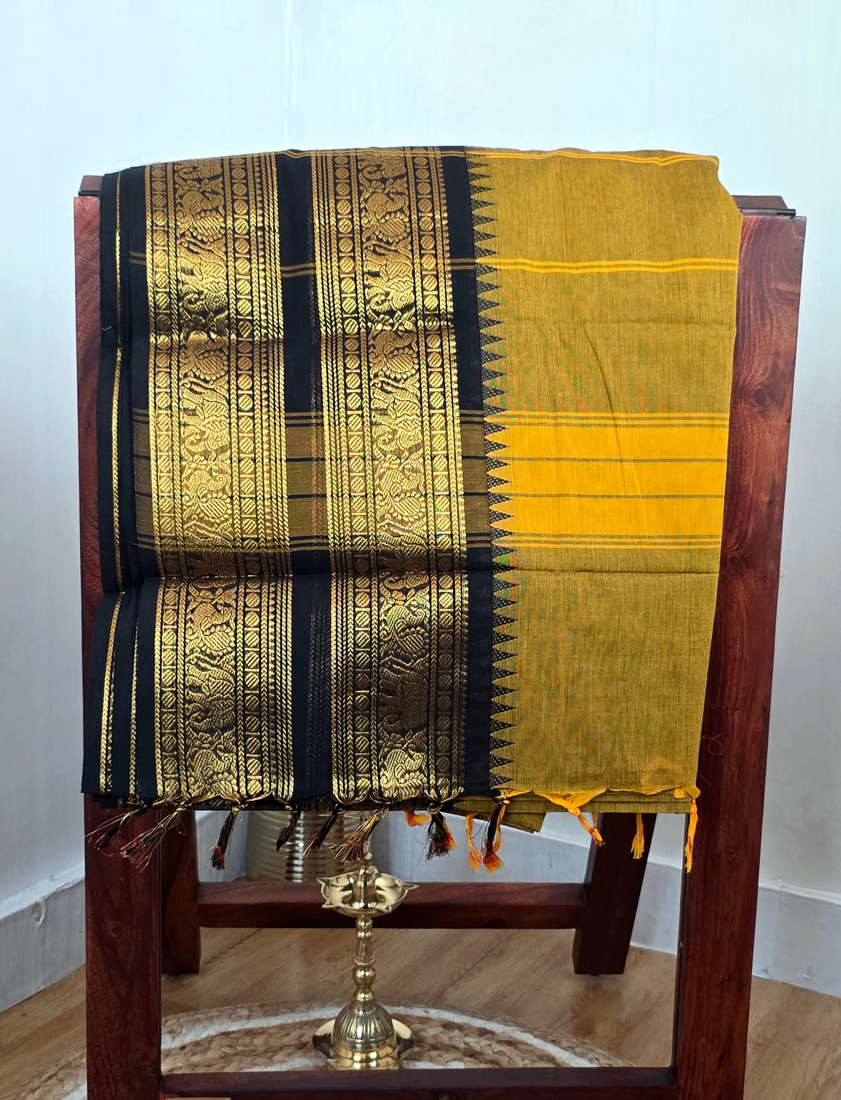 SWARNA - Mustard Yellow 100-Count Pure Handloom Kanchi Cotton Saree | ATIROOP