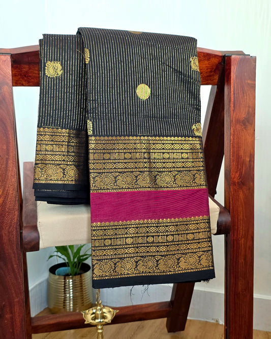 TRIPURA SUNDARI - Black Vaira Oosi 120-Count Pure Handloom Kanchi Cotton Saree with Magenta Border | ATIROOP