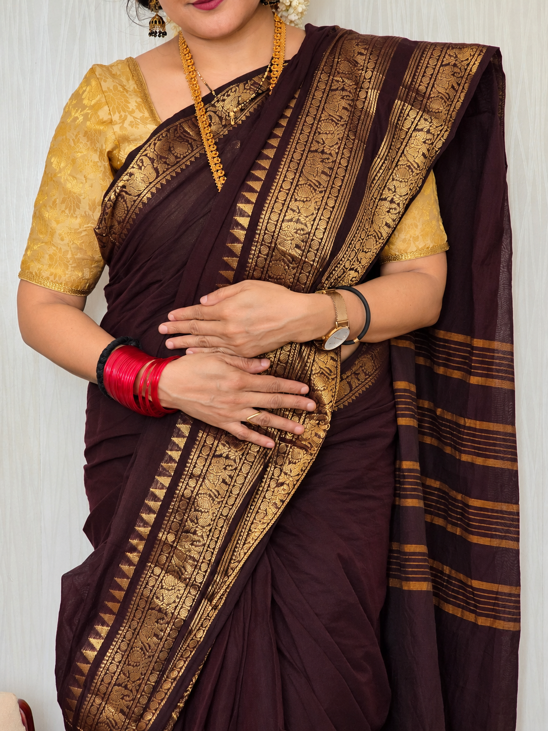 ROOPINI - Coffee Brown 100-Count Pure Handloom Kanchi Cotton Saree | ATIROOP