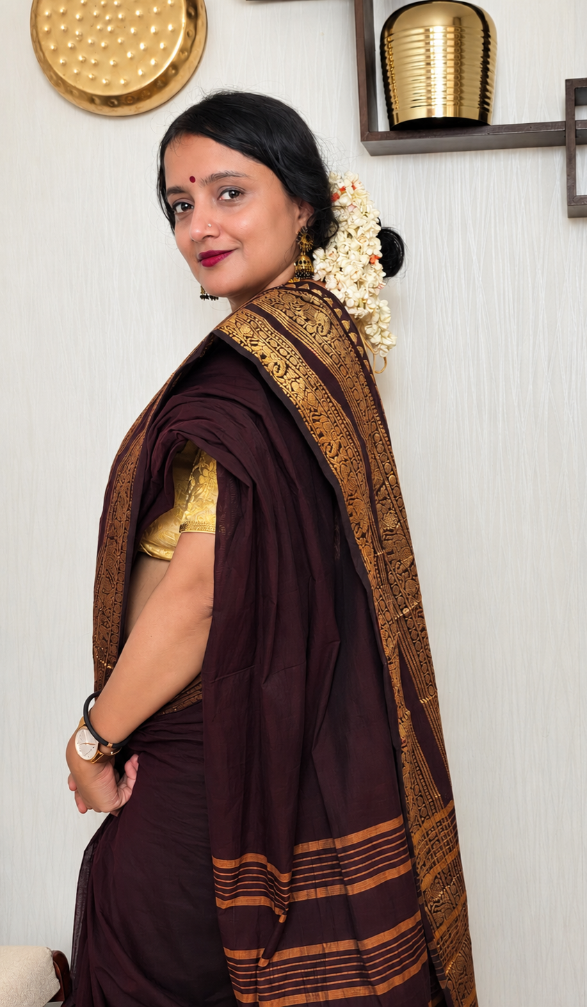 ROOPINI - Coffee Brown 100-Count Pure Handloom Kanchi Cotton Saree | ATIROOP