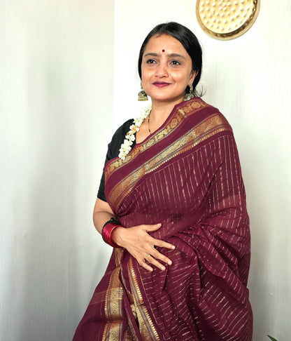 AMBA - Maroon Vaira Oosi 120-Count Pure Handloom Kanchi Cotton Saree | ATIROOP