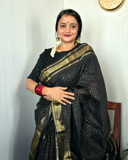 APSARA - Black Vaira Oosi 120-Count Pure Handloom Kanchi Cotton Saree with Chakra Border | ATIROOP