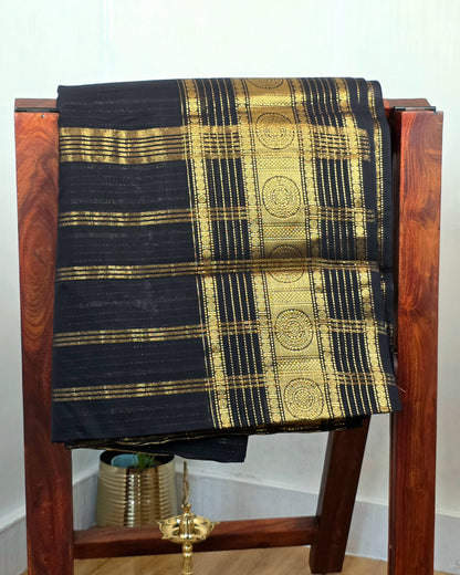 APSARA - Black Vaira Oosi 120-Count Pure Handloom Kanchi Cotton Saree with Chakra Border | ATIROOP