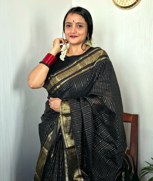 APSARA - Black Vaira Oosi 120-Count Pure Handloom Kanchi Cotton Saree with Chakra Border | ATIROOP