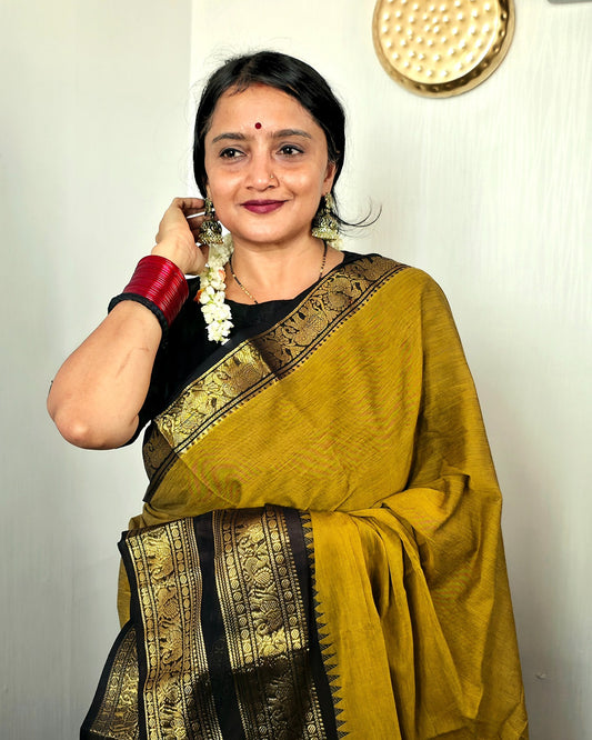 SWARNA - Mustard Yellow 100-Count Pure Handloom Kanchi Cotton Saree | ATIROOP