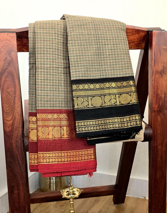 BRAHMI - Beige Ganga Jamuna Border 100-Count Pure Handloom Kanchi Cotton Saree | ATIROOP
