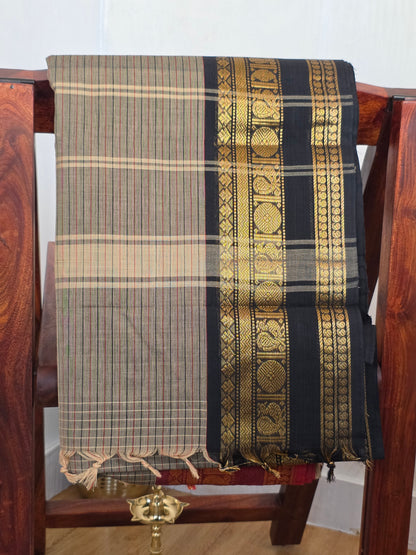 BRAHMI - Beige Ganga Jamuna Border 100-Count Pure Handloom Kanchi Cotton Saree | ATIROOP