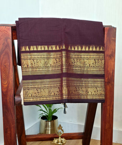 ROOPINI - Coffee Brown 100-Count Pure Handloom Kanchi Cotton Saree | ATIROOP