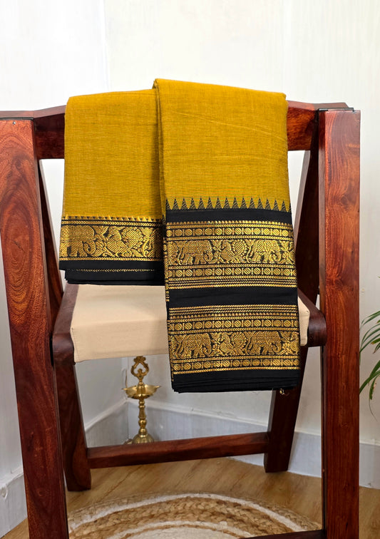 SWARNA - Mustard Yellow 100-Count Pure Handloom Kanchi Cotton Saree | ATIROOP