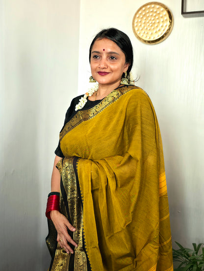 SWARNA - Mustard Yellow 100-Count Pure Handloom Kanchi Cotton Saree | ATIROOP