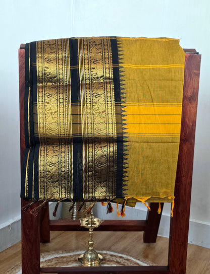 SWARNA - Mustard Yellow 100-Count Pure Handloom Kanchi Cotton Saree | ATIROOP