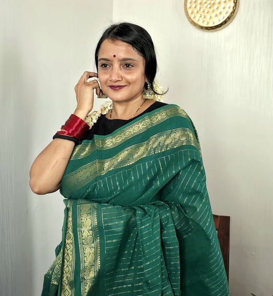 SWAROOPINI - Rama Green Vaira Oosi 120-Count Pure Handloom Kanchi Cotton Saree | ATIROOP
