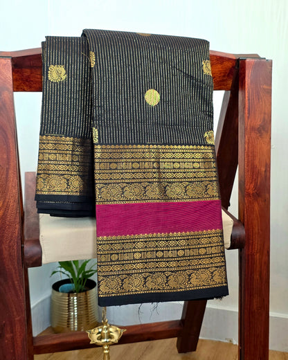 TRIPURA SUNDARI - Black Vaira Oosi 120-Count Pure Handloom Kanchi Cotton Saree with Magenta Border | ATIROOP