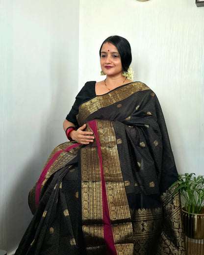 TRIPURA SUNDARI - Black Vaira Oosi 120-Count Pure Handloom Kanchi Cotton Saree with Magenta Border | ATIROOP