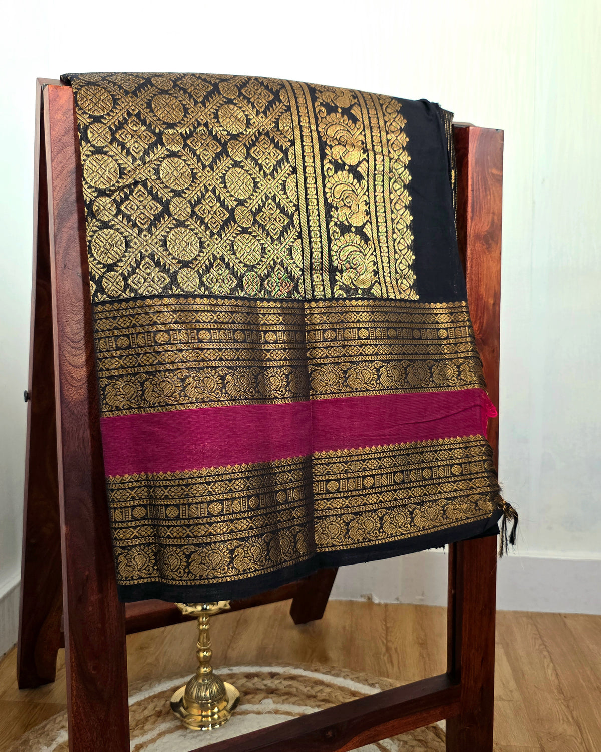 TRIPURA SUNDARI - Black Vaira Oosi 120-Count Pure Handloom Kanchi Cotton Saree with Magenta Border | ATIROOP