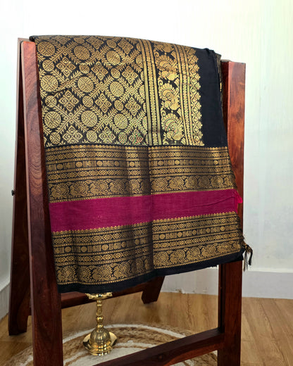 TRIPURA SUNDARI - Black Vaira Oosi 120-Count Pure Handloom Kanchi Cotton Saree with Magenta Border | ATIROOP