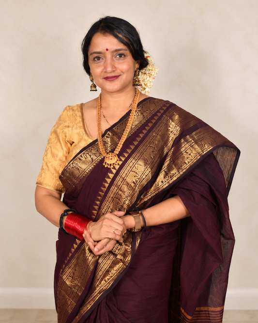 ROOPINI - Coffee Brown 100-Count Pure Handloom Kanchi Cotton Saree | ATIROOP