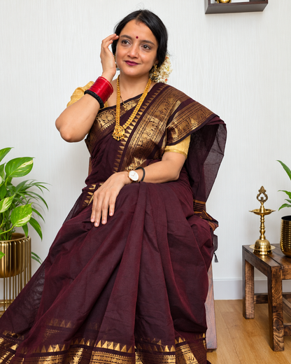 ROOPINI - Coffee Brown 100-Count Pure Handloom Kanchi Cotton Saree | ATIROOP
