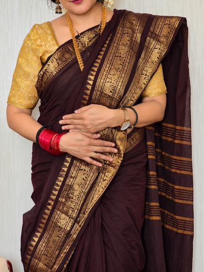 ROOPINI - Coffee Brown 100-Count Pure Handloom Kanchi Cotton Saree | ATIROOP