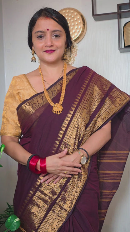 ROOPINI - Coffee Brown 100-Count Pure Handloom Kanchi Cotton Saree | ATIROOP